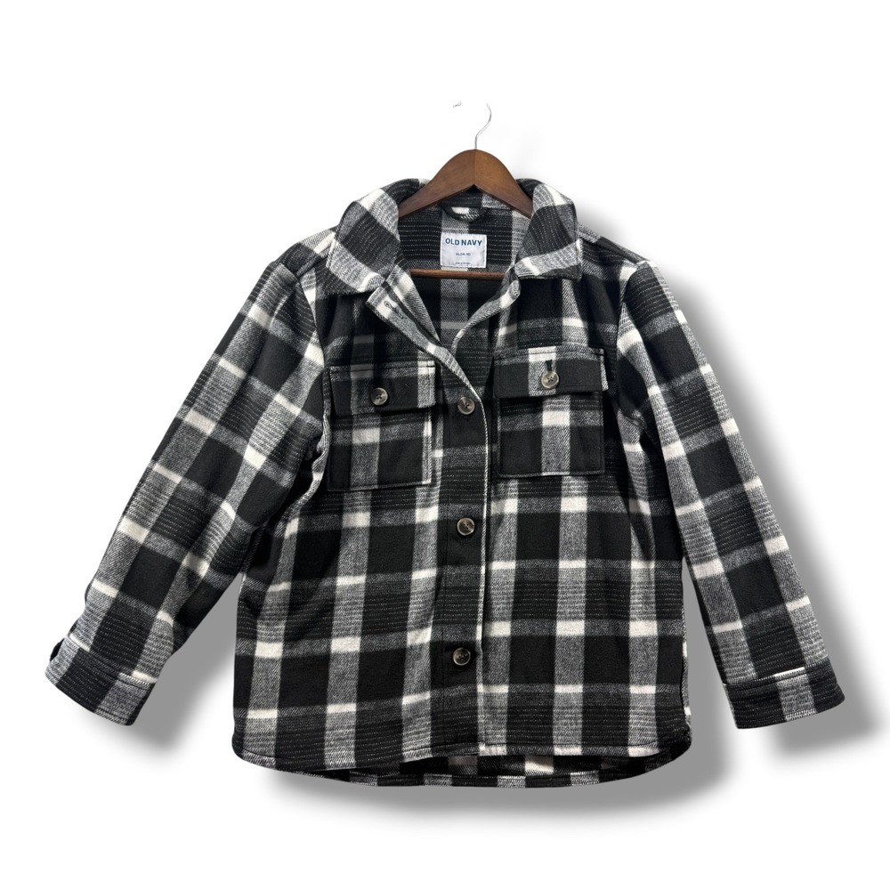 Old Navy Girls XL 14-16 Plaid Shacket Black White Flannel Shirt Jacket Buffalo